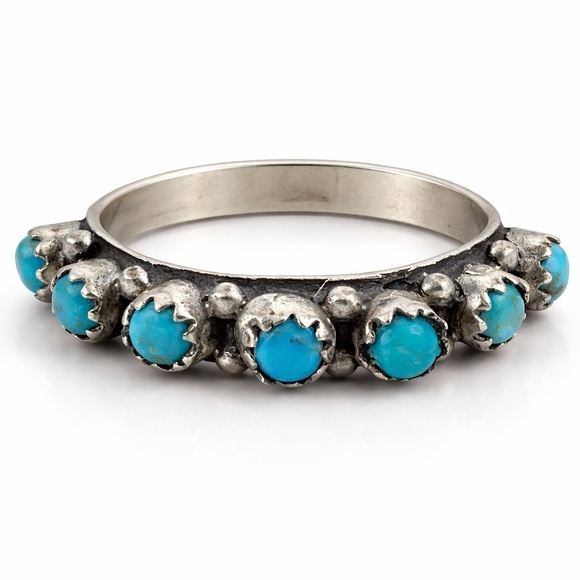 Artisan Jewelry - Solid 925 Sterling Silver Half Eternity Band Mohave Turquoise Gemstone Size 8.5
